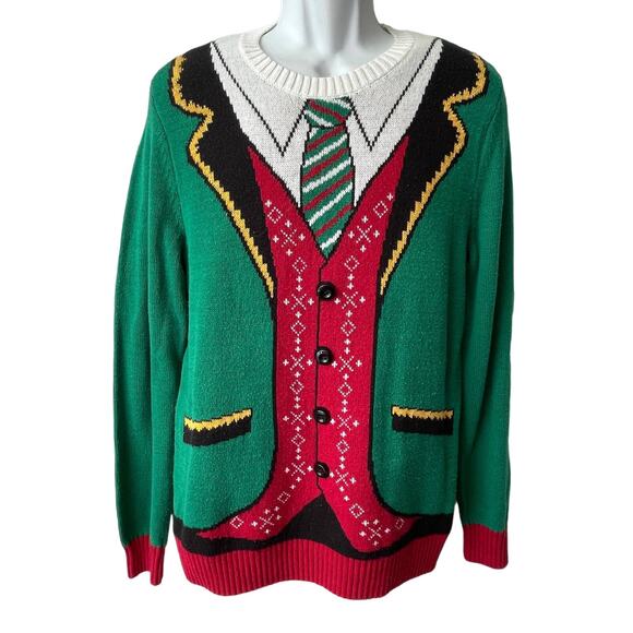Ugly Holiday Sweater Dadcore Nerdy Shirt and Tie Christmas Sweater Size Large - Picture 1 of 4